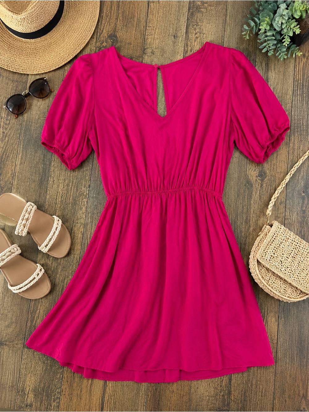 NWT Etam Lela Fuchsia Pink V-Neck Mini Dress | Open Back | Size Medium